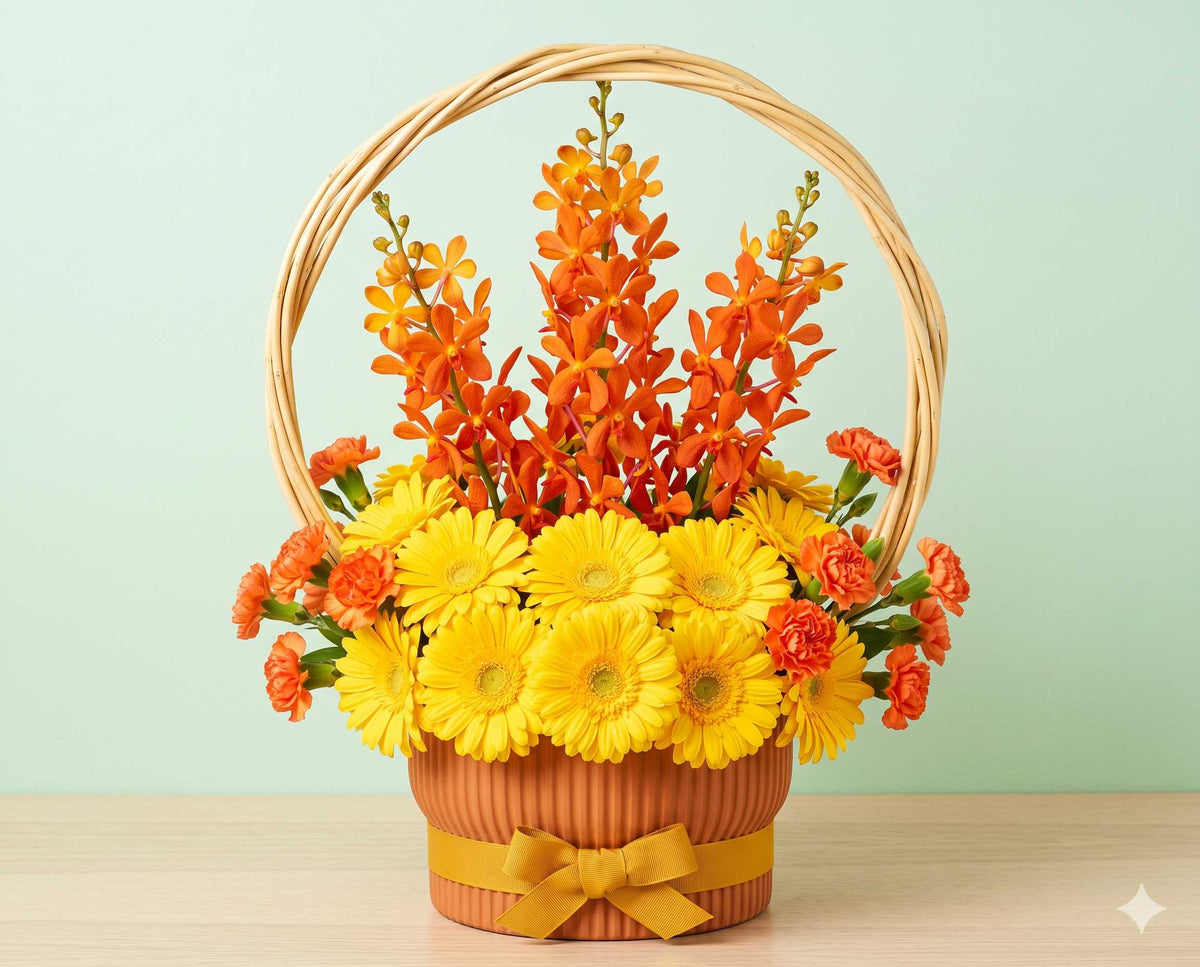 Vibrant Flower Basket with Gerberas & Orange Orchids