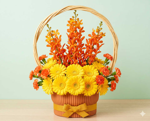 Vibrant Flower Basket with Gerberas & Orange Orchids