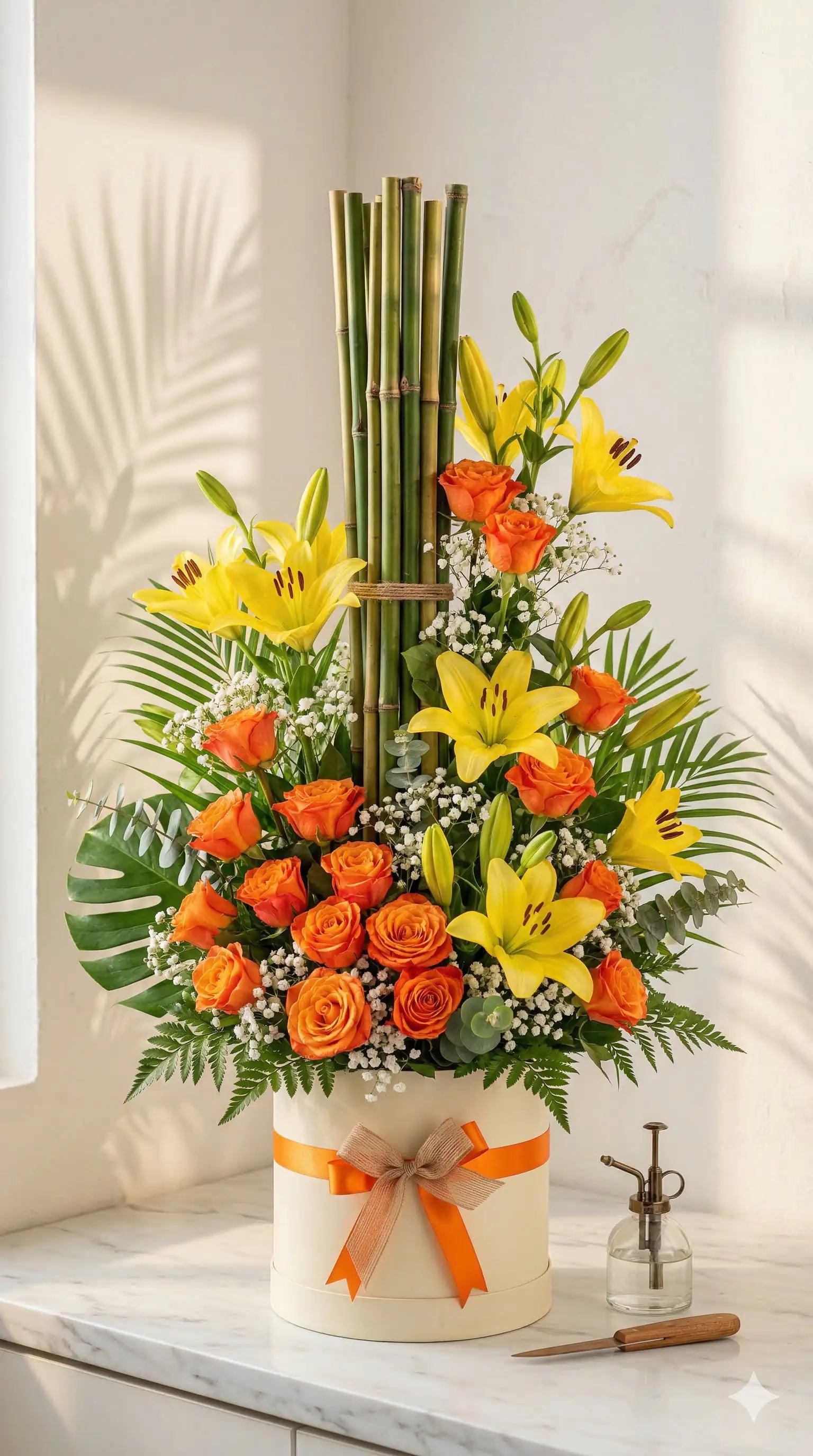 Vibrant Orange Roses and Yellow Lilies Flower Box