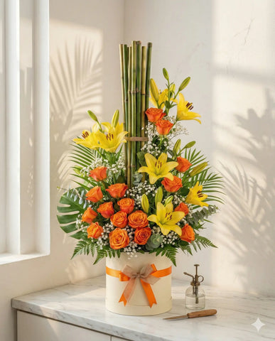 Vibrant Orange Roses and Yellow Lilies Flower Box