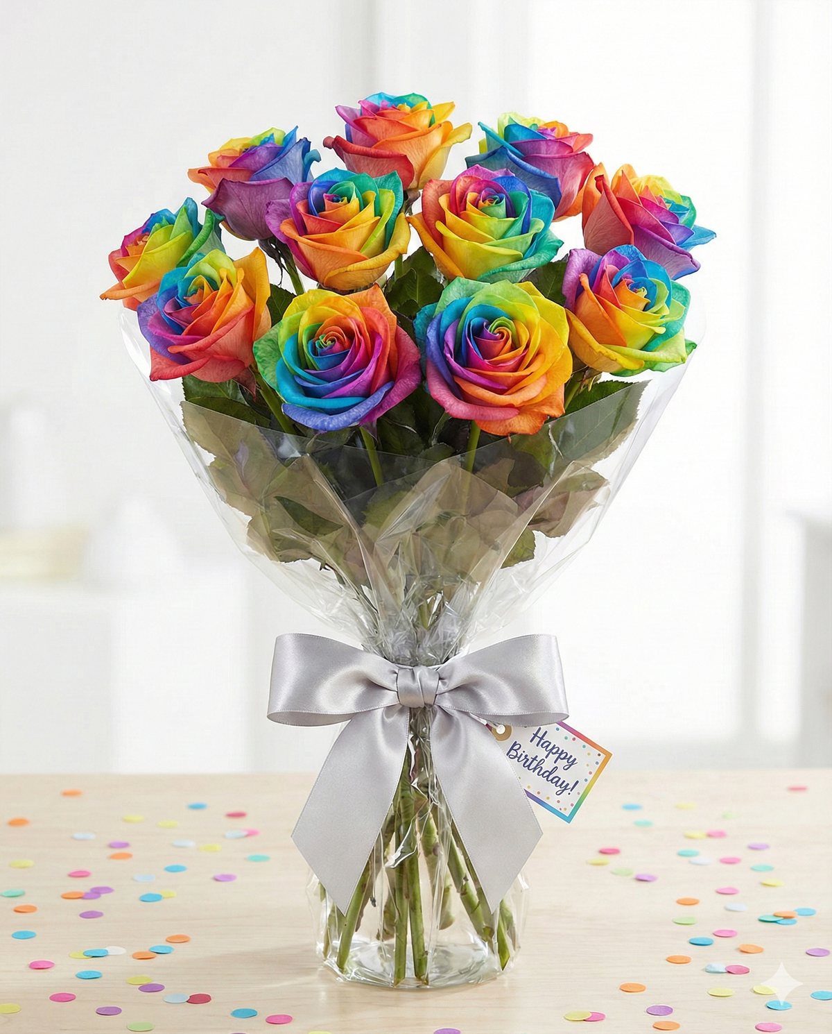 Vibrant Rainbow Roses Bouquet in Vase for Birthdays