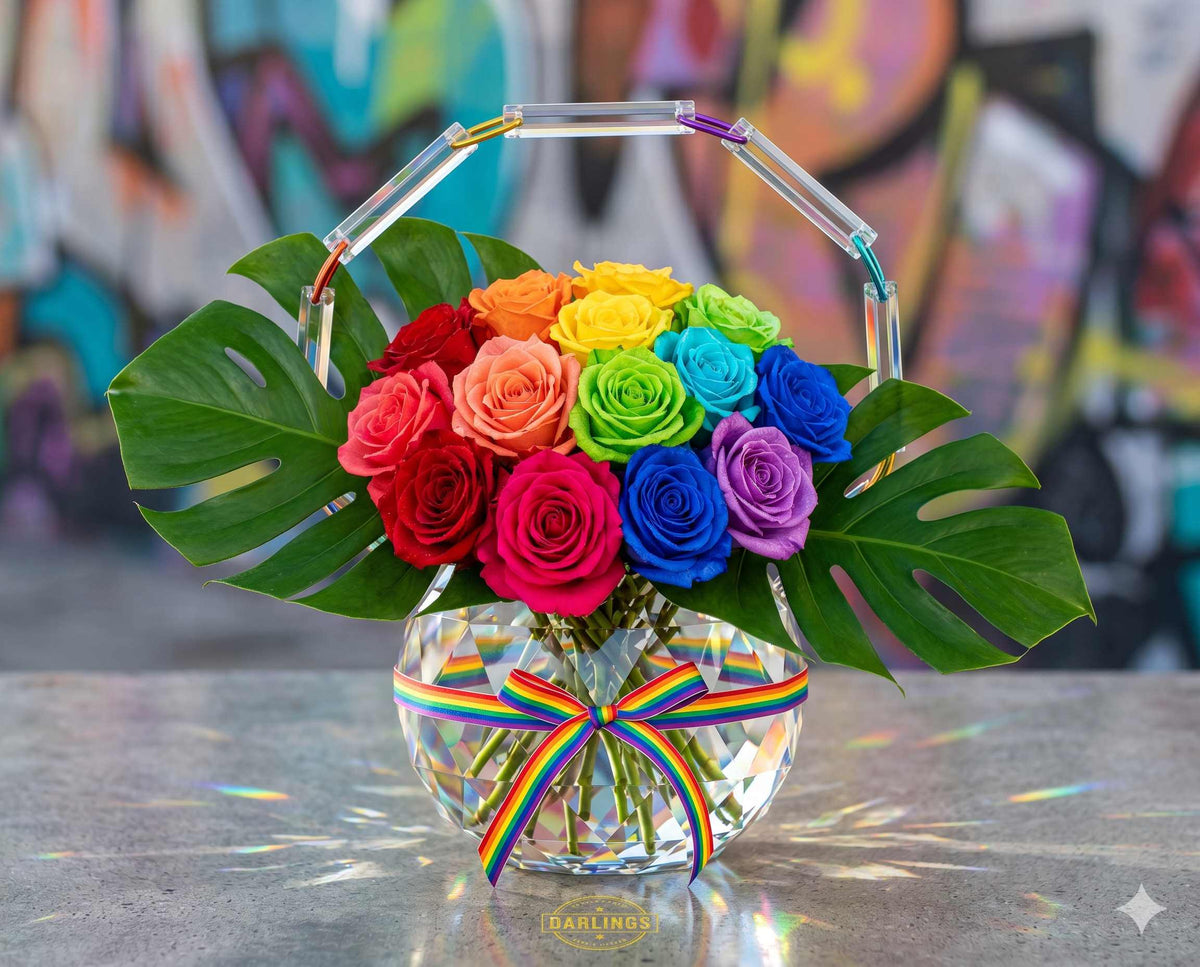 Vibrant Rainbow Roses in Modern Crystal Vase