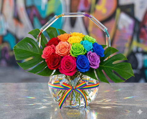 Vibrant Rainbow Roses in Modern Crystal Vase