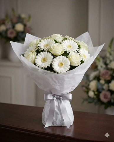 White Gerbera and Rose Bouquet - Elegant Sympathy Flowers