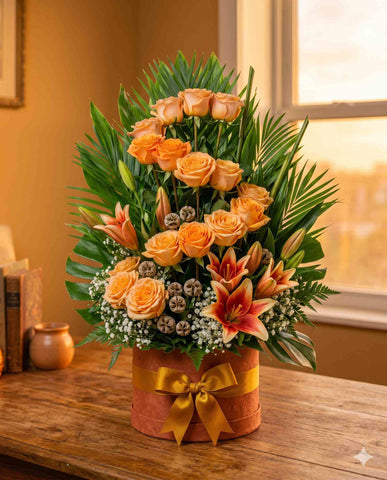Premium Peach Roses & Lily Floral Box | Anniversary Flowers
