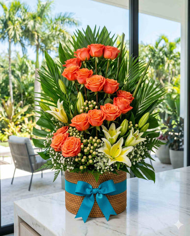 Vibrant Orange Roses & Lilies | Tropical Flower Arrangement