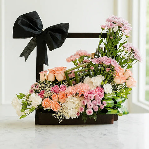 Pink Roses Carnations and Chrysanthemums with Hydrangea in Box