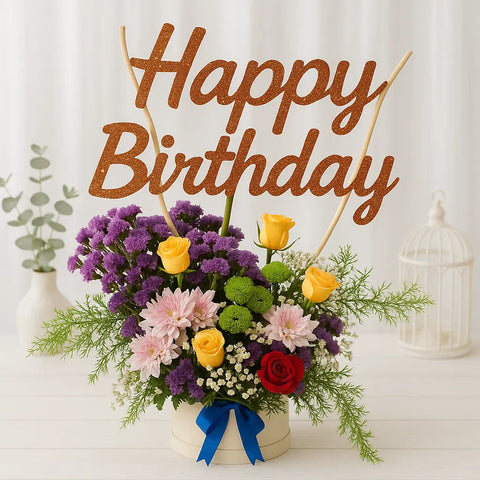 Yellow Rose and Chrysanthemum Floral Box Happy Birthday