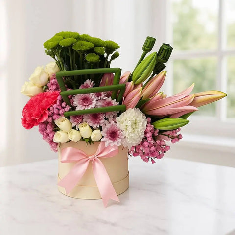 Lily and Carnation Flower Box with Roses and Chrysanthemums