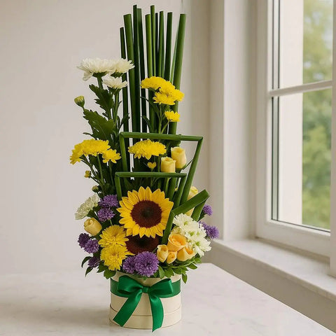 Sunflower and Daisy Flower Box with Chrysanthemums and Gypso