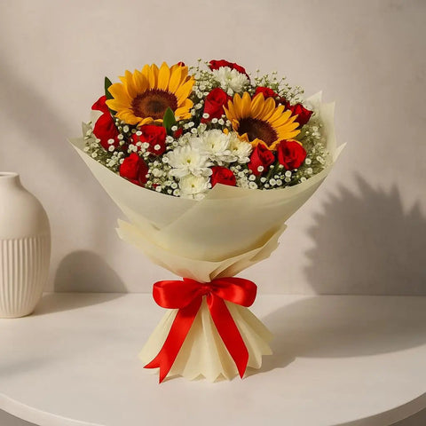 Sunflower Rose Chrysanthemum and Baby’s Breath Hand Bouquet